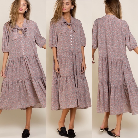 POL Ditsy Flower Red Bean MIDI Dress - Picture 4 of 8